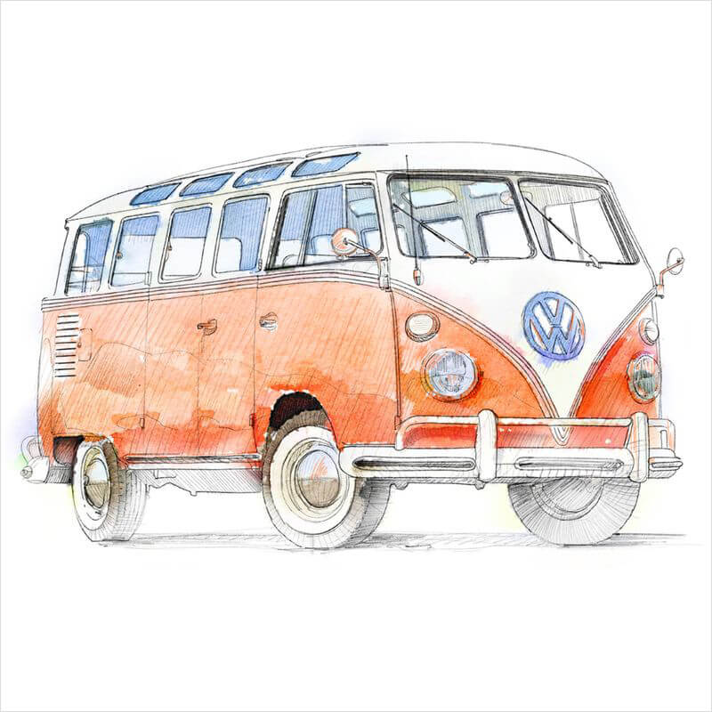 62 VW Bus, Pencil and Wash